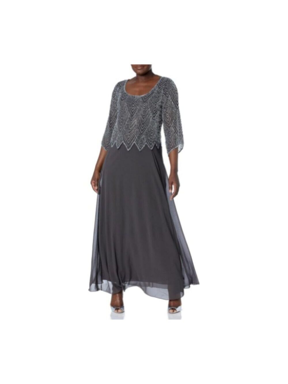J Kara Women's 3/4 Sleeve V-Neck Beaded Top Long Gown 18.